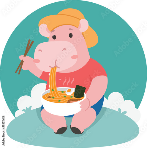 Hippo Eating Ramen Noodle Cartoon Illustration