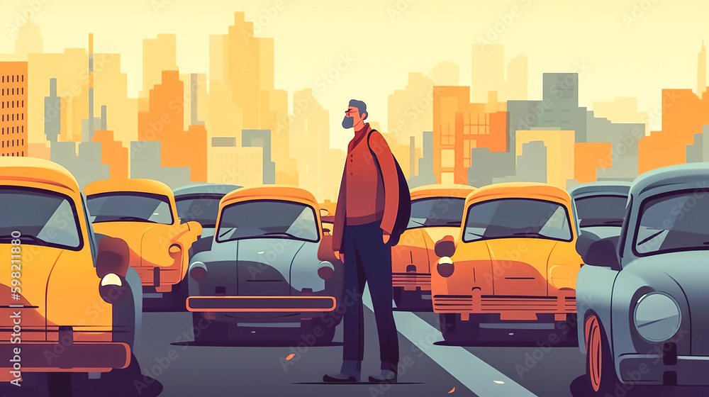 A man among the cars in the city, generative AI. Generative AI