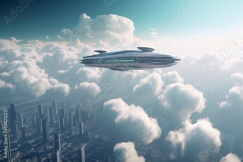 Futuristic sci fi city in clouds. Utopia. concept of the future. Flying passenger transport. Aerial fantastic view. 3d rendering