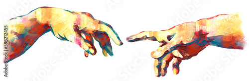 Connection, hands. Michelangelo's masterpiece. Artwork with textured brush strokes, transparent png	
 photo
