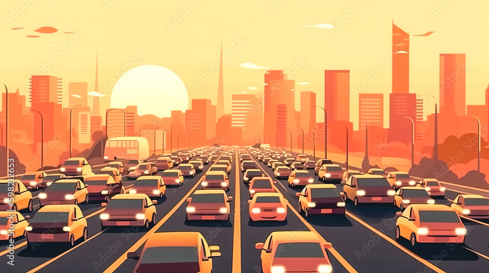 Naklejka premium Traffic jam in evening rush hour, generative AI. Generative AI