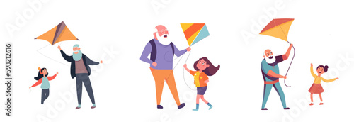 set vector illustration of happy dad and kid spending time together flying a kite isolate Generative AI