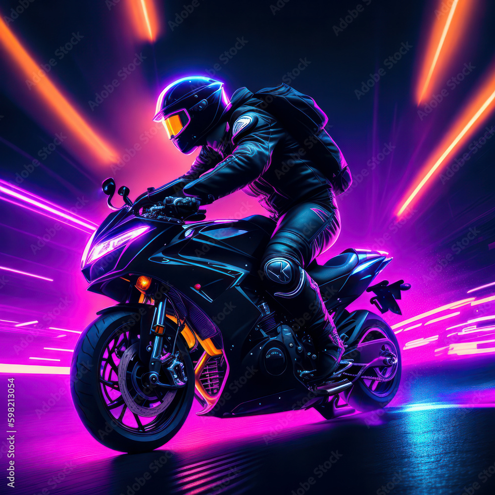 Person riding motorcycle in a dark city with neon lights, generative AI