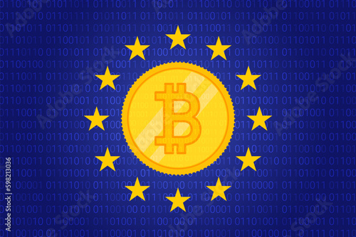 MiCA - Markets in Crypto assets regulation flag of European Union and map of Europe background. Eu sign