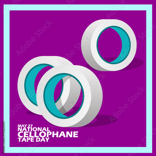 Three cellophane pieces with bold text in a frame on a purple background to commemorate National Cellophane Tape Day on May 27