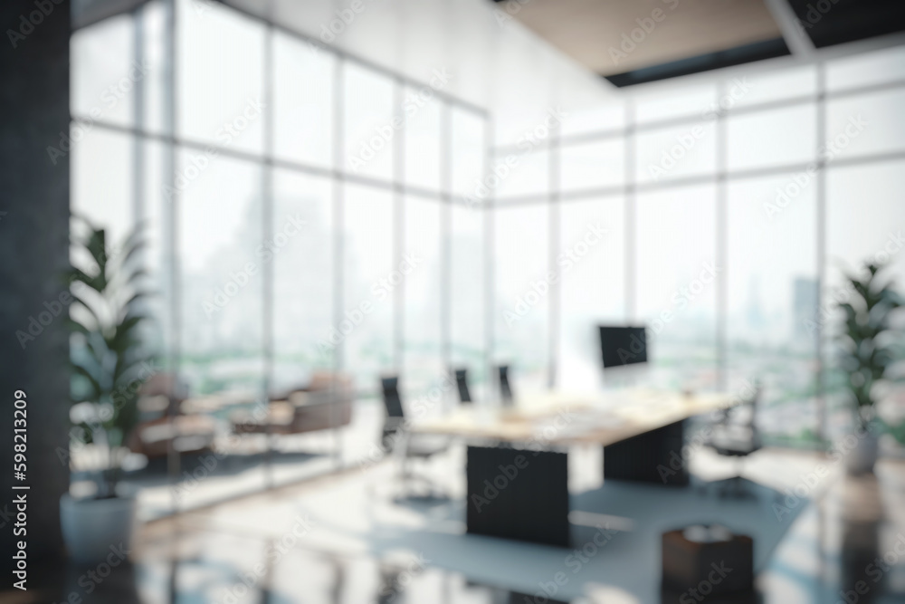 Blurred large modern office meeting room in the morning, interior workplace with cityscape for business presentation background, AI generated