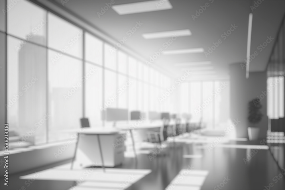 Blurred large modern office workspace in the morning , interior workplace with cityscape for business presentation background, AI generated