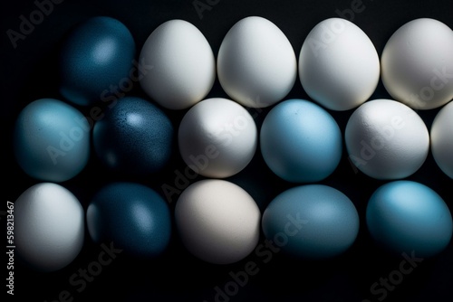 Eggs in shades of blue with white. Generative AI