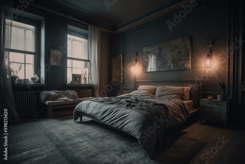 A dim grey bedroom with bed. Generative AI
