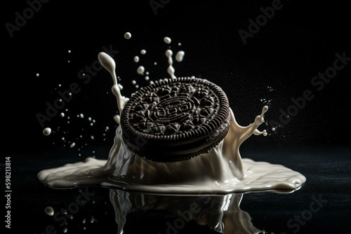 Oreo cookie plunging into milk and splashing on a black backdrop with a milky spot beneath. Generative AI
