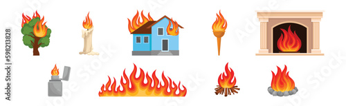 Flaming and Burning Objects with House and Tree on Fire Vector Set