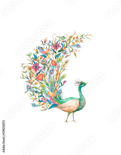 Fotografia, Obraz Green Watercolor Peacock Beauty T-Shirt