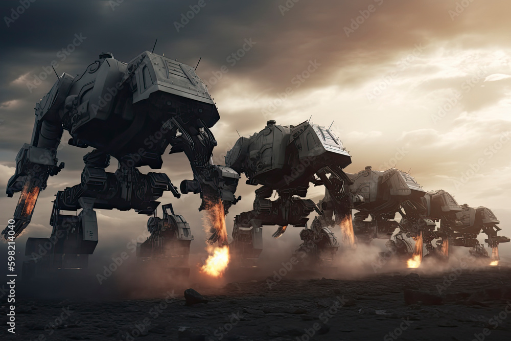 invasion of military robots. Dramatic apocalypse super realistic concept. Future. 3d rendering.