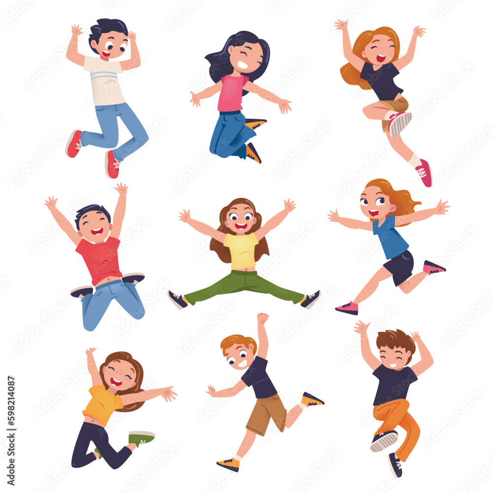 Happy Children Jumping High with Joy and Excitement Feeling Freedom Vector Set