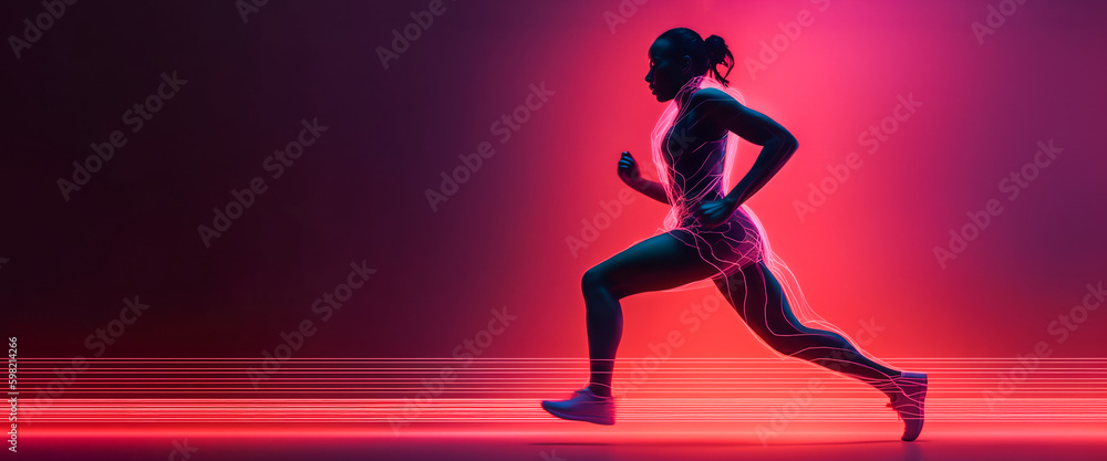 Silhouette of running athlete. Abstract image of sporty woman runner jogger on red-purple form lines, point background. Dynamic movement, vide view. Banner, copy space. Generative AI.
