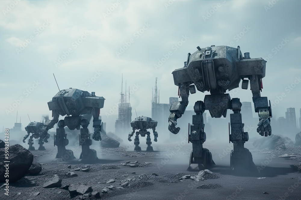 invasion of military robots. Dramatic apocalypse super realistic concept. Future. 3d rendering. invasion of military robots. Dramatic apocalypse super realistic concept. Future. 3d rendering.
