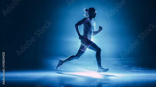 Silhouette of running athlete. Abstract image of sporty man runner jogger on blue form lines, point background. Dynamic movement, vide view. Generative AI. High quality illustration
