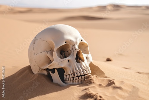 Skull of a person lying on the desert sand. Generative AI