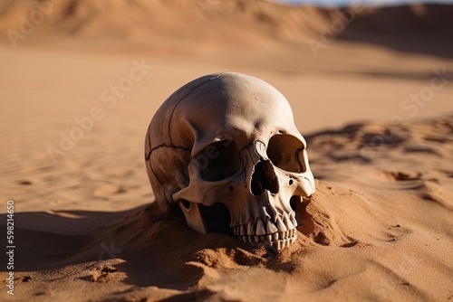 Skull of a person lying on the desert sand. Generative AI © Gelpi