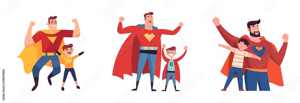 set vector illustration of dad playing with his kid in super hero isolate on white Generative AI