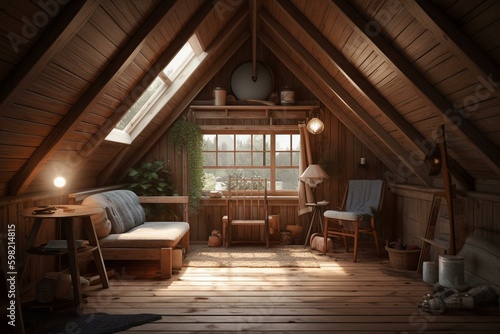 3D visualization of cozy spot under roof. Generative AI © Jovana