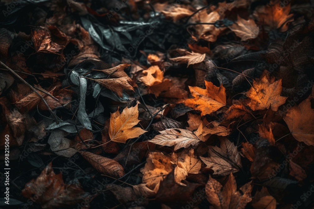 Stunning array of autumn hues: fallen leaves create a captivating display on the ground. Generative AI