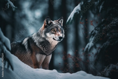 A massive wolf, Fenrir, gazes at you through snowy trees in the northern woods at twilight. Generative AI