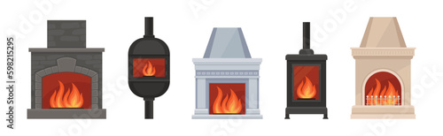 Metal and Stone Fireplace or Hearth with Mantelpiece and Burning Fire Vector Set