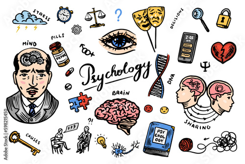 Psychology science symbols. Psychologist online. Clew and dna, puzzle and key. Hand drawn sketch. Psychological help. Brain and mind and mental health. Vintage retro signs. Doodle style. Generative AI