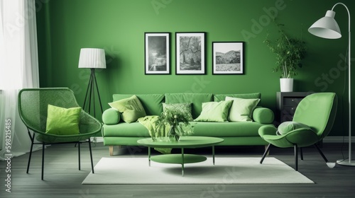 Monochromatic color scheme green interior wall. AI generated