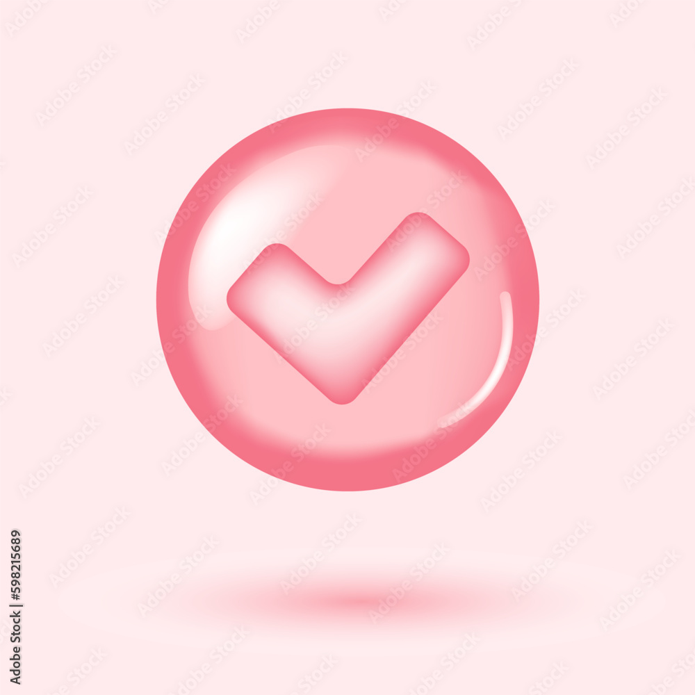 Check mark tick icon vector symbol, cartoon pink 3d checkmark isolated, checked icon or correct choice sign in round shape, checkbox poll vote pictogram Check mark tick icon vector symbol, cartoon pink 3d checkmark isolated, checked icon or correct choice sign in round shape, checkbox poll vote pictogram