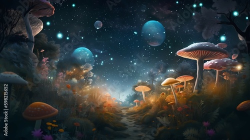 Surreal psychedelic landscape. fantastic mushrooms