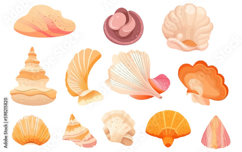 ui set vector illustration of colorful different shells from the bottom of the ocean isolated on white background Generative AI