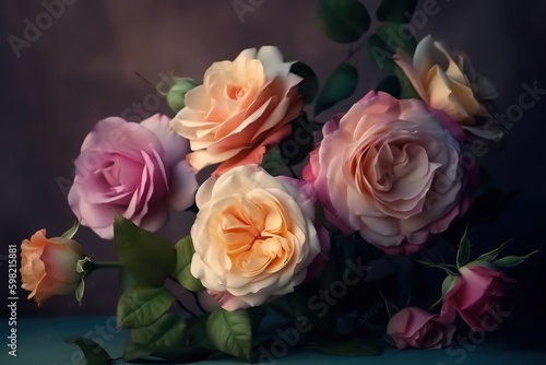 Beautiful bouquet of roses on a dark background   vintage style background  Generative AI