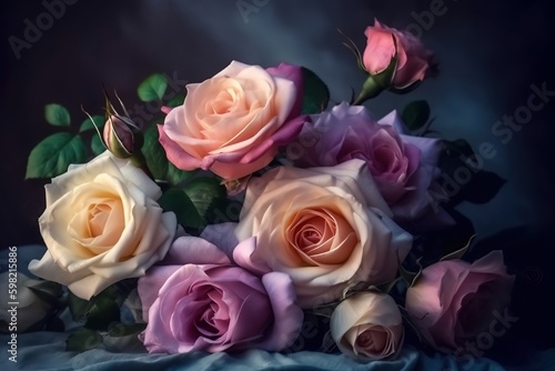 Beautiful bouquet of roses on a dark background   vintage style background  Generative AI