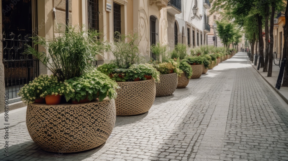 Planters filled with lush foliage with patterns mimicking street grids. AI generated