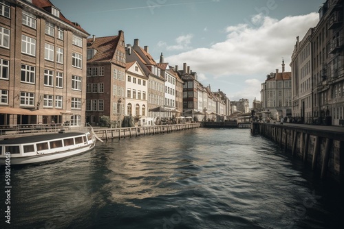Scenic waterfront in Copenhagen, Denmark. Generative AI
