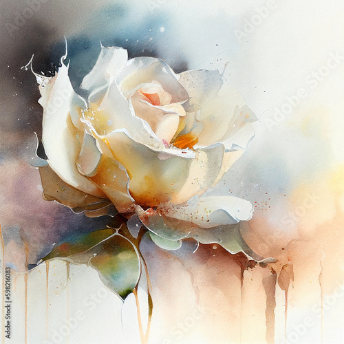 Generative AI. White rose flower and leaves, watercolor painting on white paper