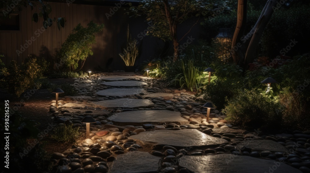 Recessed garden lighting with a small flagstone path and a small fountain. AI generated Recessed garden lighting with a small flagstone path and a small fountain. AI generated