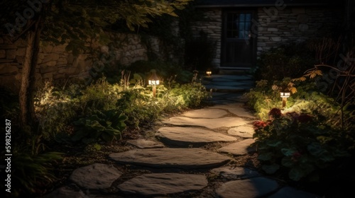Recessed garden lighting with a small flagstone path and a small fountain. AI generated