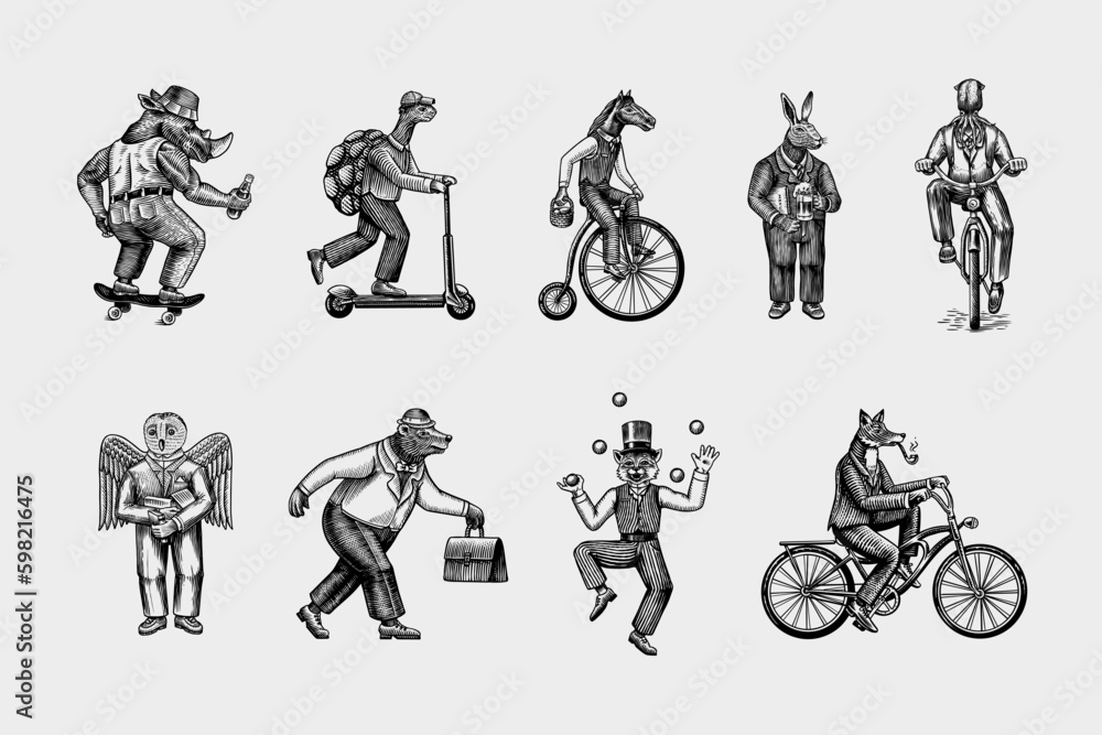 Fox on a bicycle, Cat juggler, turtle on a scooter. Bear, horse, hare, Owl, Squid. Fashion Animal characters set. Hand drawn sketch. Vector engraved illustration for label, logo and Generative AI Fox on a bicycle, Cat juggler, turtle on a scooter. Bear, horse, hare, Owl, Squid. Fashion Animal characters set. Hand drawn sketch. Vector engraved illustration for label, logo and Generative AI