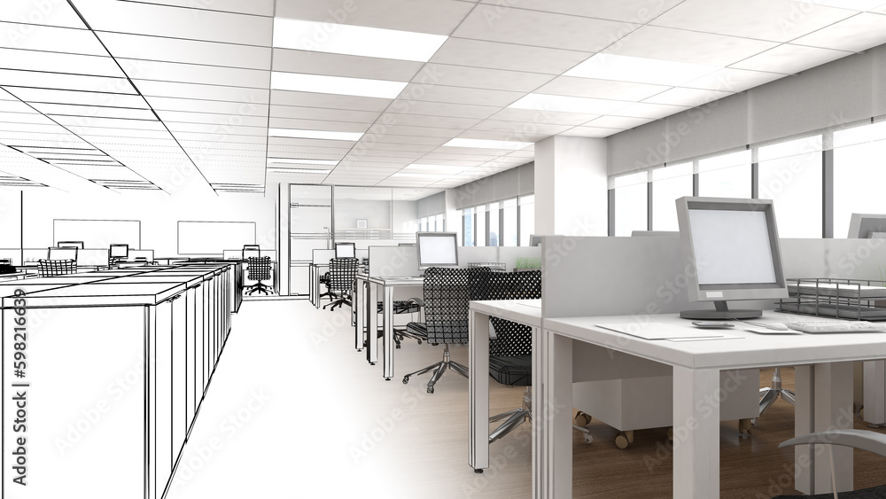 office space For working with computers, office equipment,line art,3d rendering