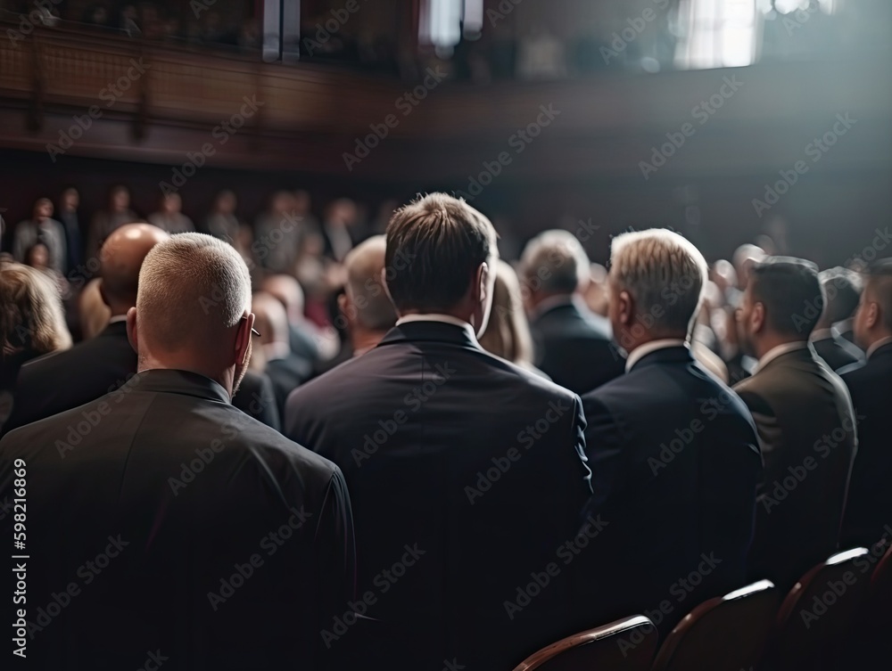 Generative AI illustration of businesspeople in formal clothes sitting on chairs in hall while attending business meeting listening to lecture