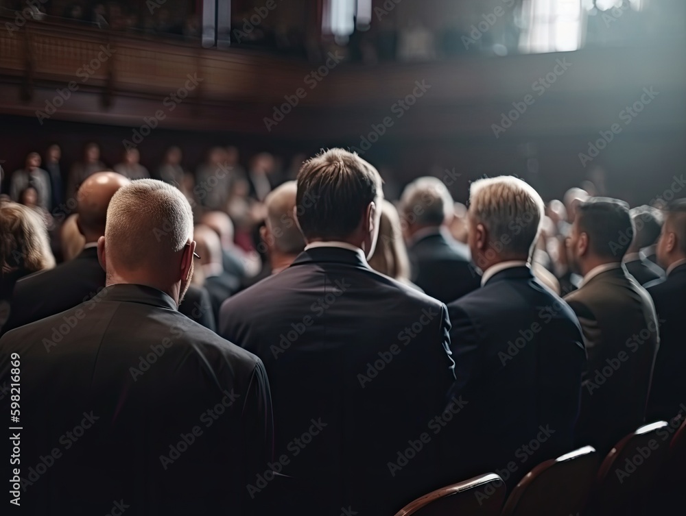 Obraz premium Generative AI illustration of businesspeople in formal clothes sitting on chairs in hall while attending business meeting listening to lecture