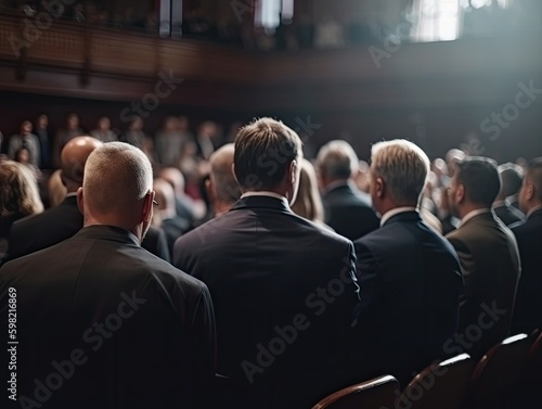 Generative AI illustration of businesspeople in formal clothes sitting on chairs in hall while attending business meeting listening to lecture © Victoriia