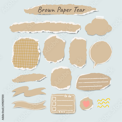 brown paper torn vintage for scrapbook element,  ripped pieces of paper craft brown ,set of vintage label frames