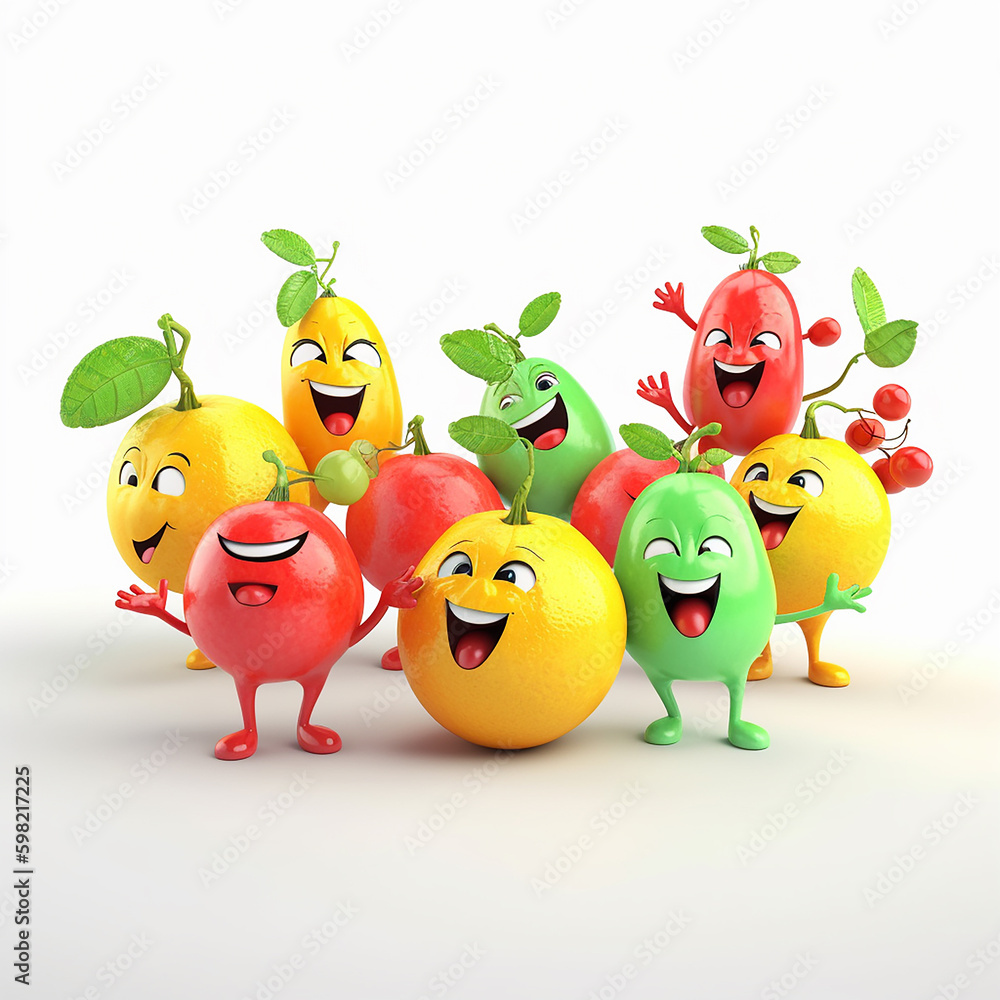 Colorful smiling fruits and vegetables dancing on white background. Generative AI. Colorful smiling fruits and vegetables dancing on white background. Generative AI.