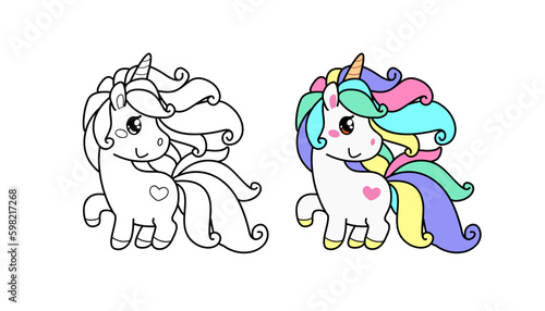 Cute Pony Unicorn vector coloring page template. Coloring Cartoon Baby Unicorn with Rainbow hair. Funny Baby Pony for kids print design on tee shirt or pajamas and coloring book
