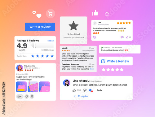 User Reviews and Feedback Interface. User reviews online. Customer feedback review experience Rating concept. Template Vector illustration. Rating in Mobile Applications. Good Feedback Dialog Box