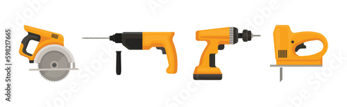 Yellow Power Tools for Carpentry Work Vector Set